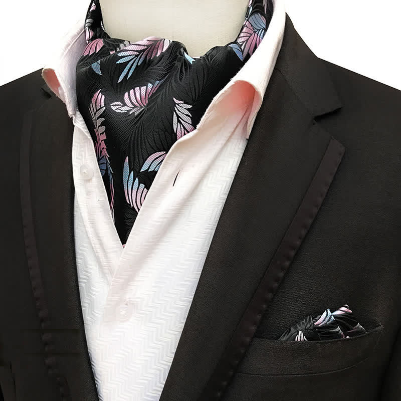 Set da 2 pezzi di fazzoletto da taschino nero e cravatta con foglie rosa - Rosa e nero - image 0