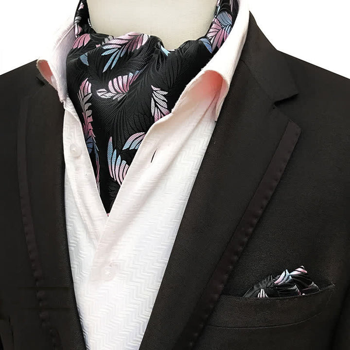 Set da 2 pezzi di fazzoletto da taschino nero e cravatta con foglie rosa - Rosa e nero - image 0