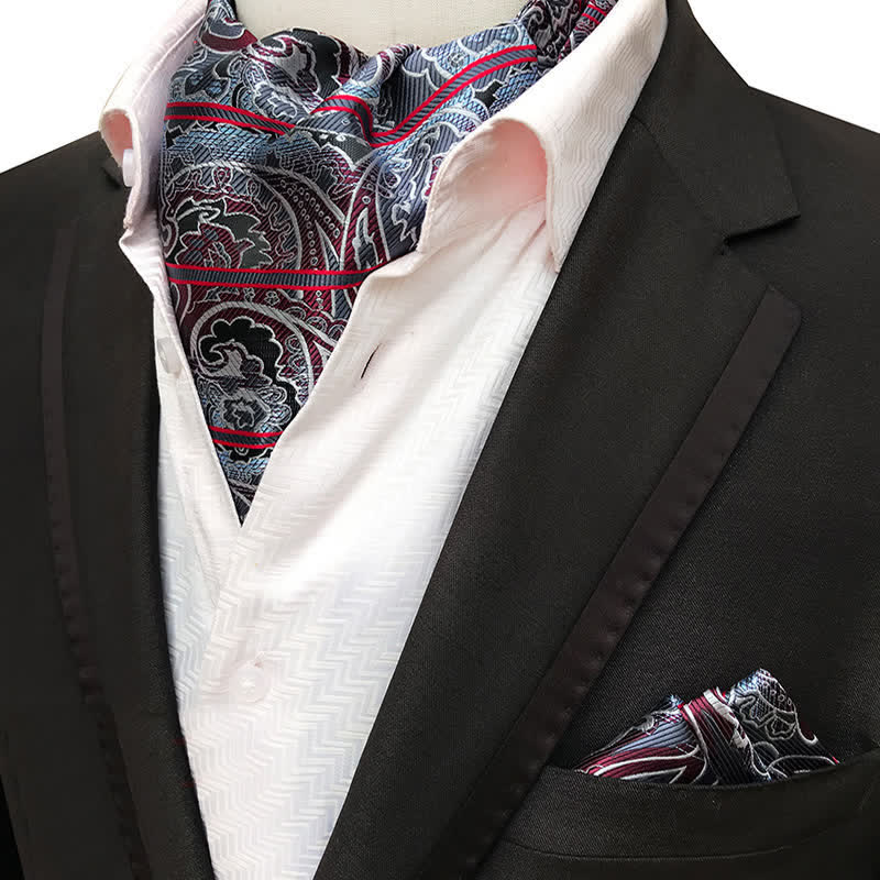Set da 2 pezzi di fazzoletto da taschino e cravatta a righe rosse e grigie Paisley - Rosso e grigio - image 0