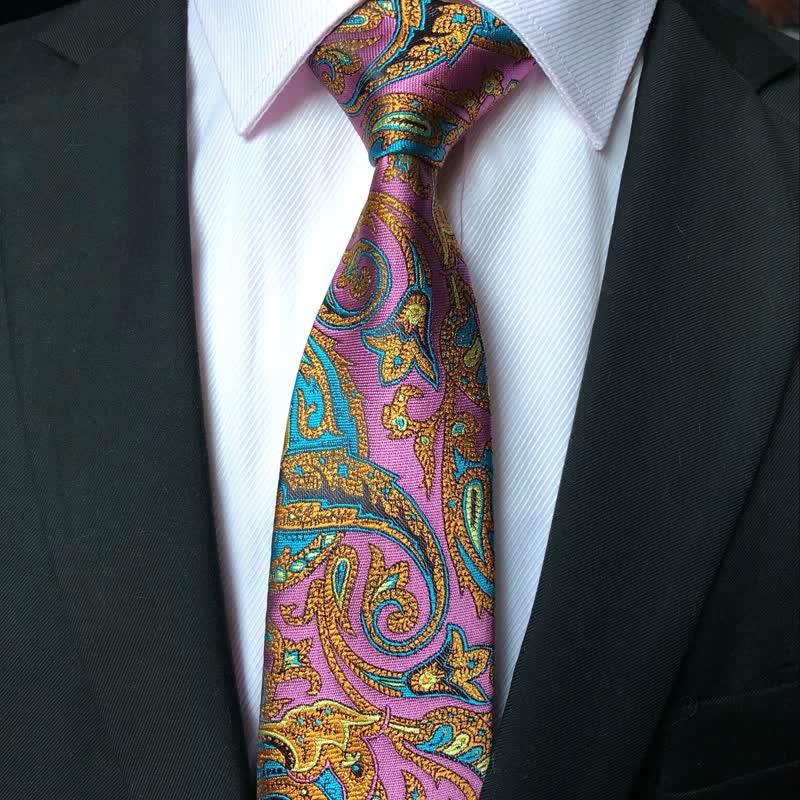 Cravatta da uomo con motivo Paisley vivace, rosa e oro - image 3