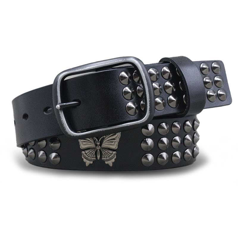 Cintura in pelle con borchie a tre file e rivetti a farfalla Goth - Nero - 44 - image 0