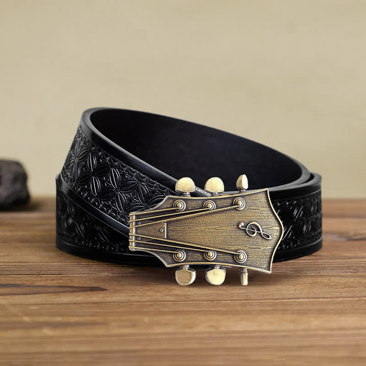 Cintura in pelle con fibbia musicale per chitarra in bronzo fai da te da uomo - Chitarra - Cintura in tessuto goffrato nero (40) - image 5