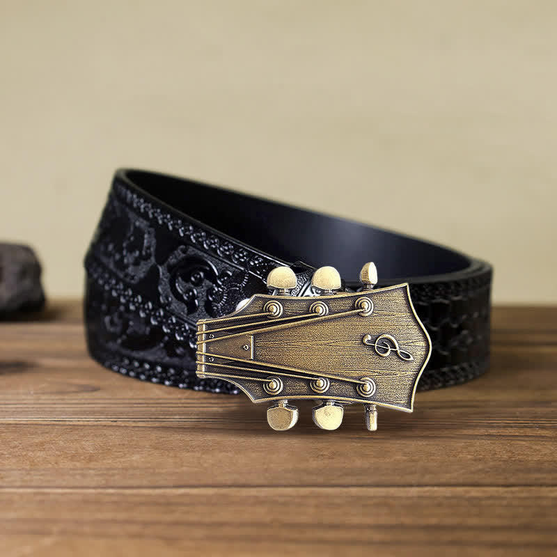 Cintura in pelle con fibbia musicale per chitarra in bronzo fai da te da uomo - Chitarra - Cintura nera intagliata (40) - image 6