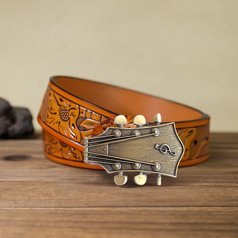 Cintura in pelle con fibbia musicale per chitarra in bronzo fai da te da uomo - Chitarra - Cintura intagliata arancione (40) - image 9