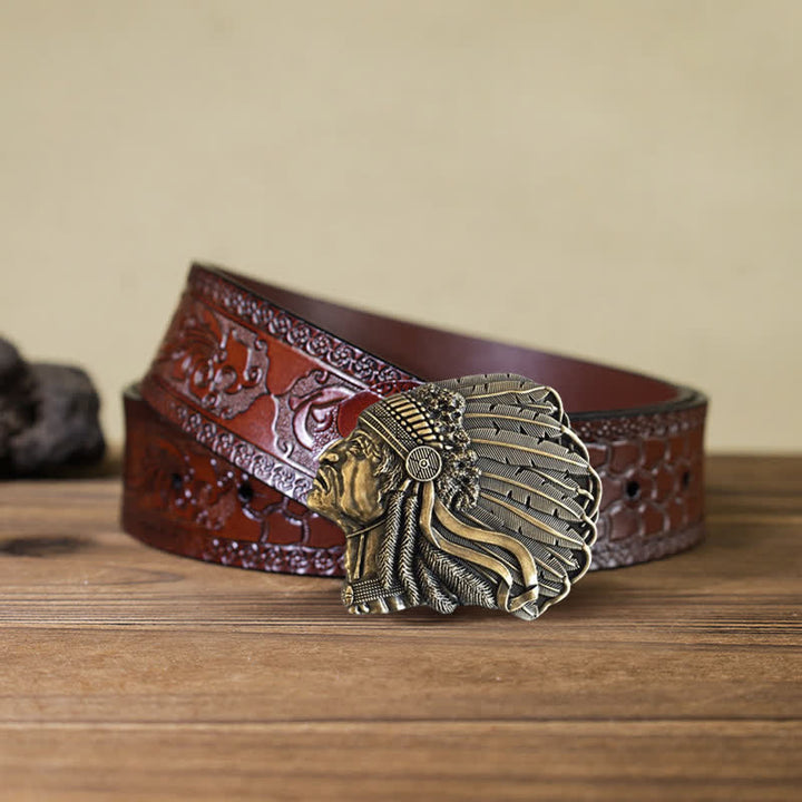 Cintura in pelle con fibbia a forma di testa di capo nativo fai da te da uomo - Bronzo antico - Cintura marrone intagliata (40) - image 18