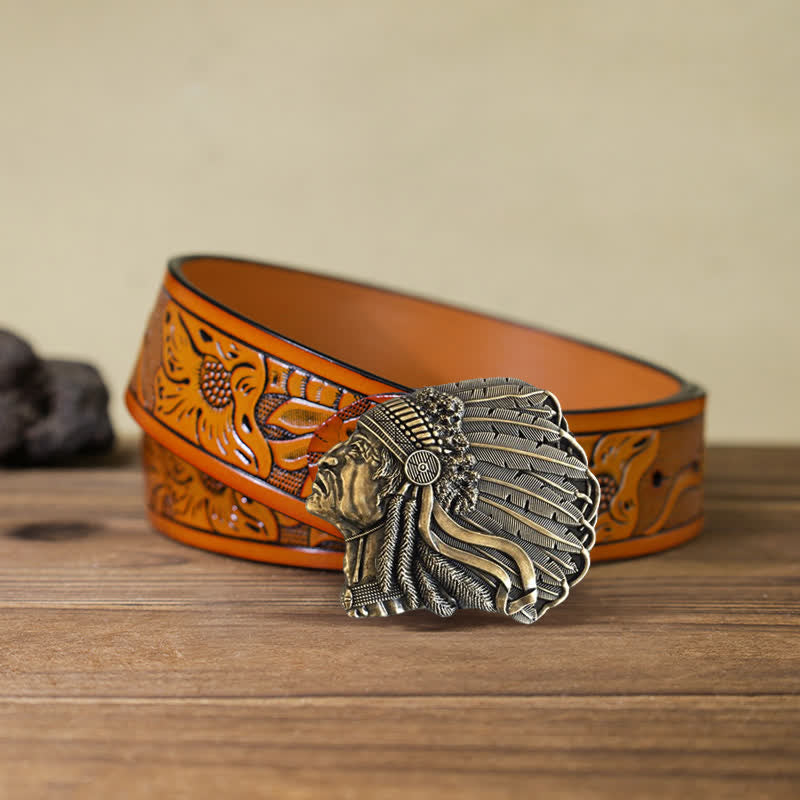 Cintura in pelle con fibbia a forma di testa di capo nativo fai da te da uomo - Bronzo antico - Cintura intagliata arancione (40) - image 20