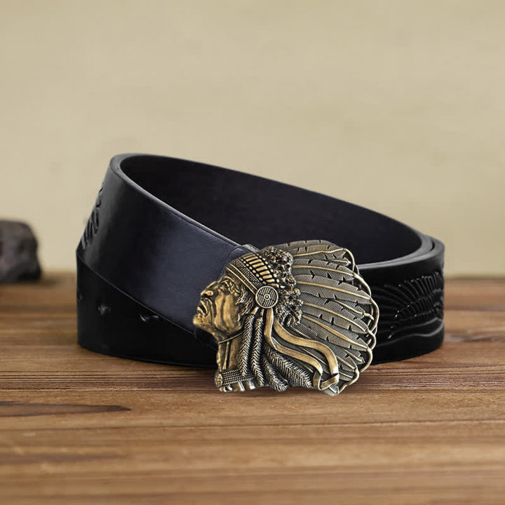Cintura in pelle con fibbia a forma di testa di capo nativo fai da te da uomo - Bronzo antico - Cintura aquila in rilievo nera (40) - image 15