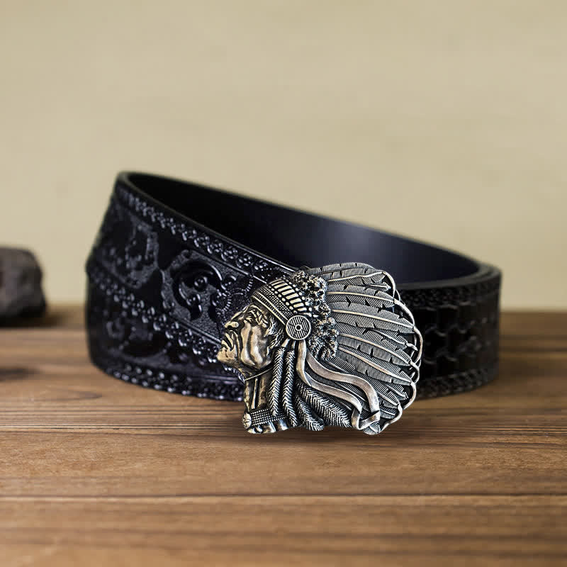 Cintura in pelle con fibbia a forma di testa di capo nativo fai da te da uomo - Argento antico - Cintura nera intagliata (40) - image 7