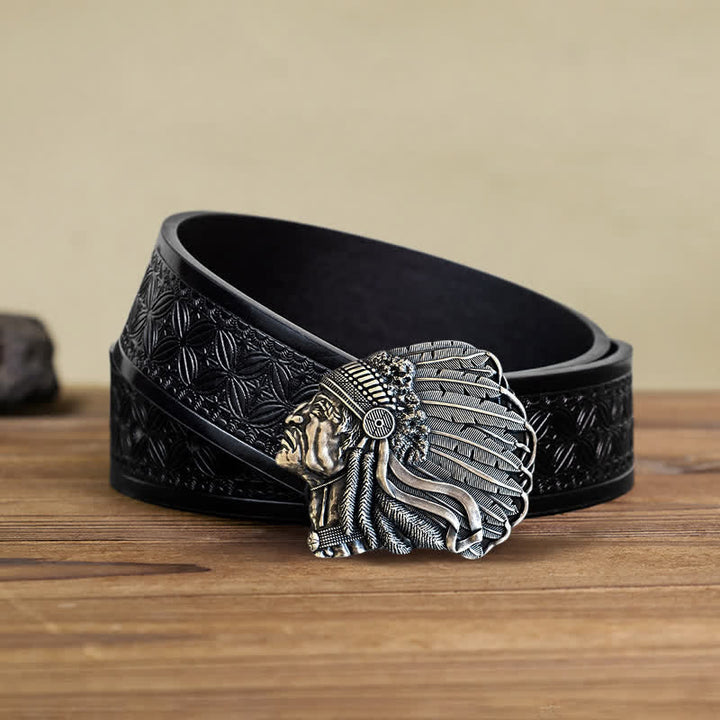 Cintura in pelle con fibbia a forma di testa di capo nativo fai da te da uomo - Argento antico - Cintura in tessuto goffrato nero (40) - image 6