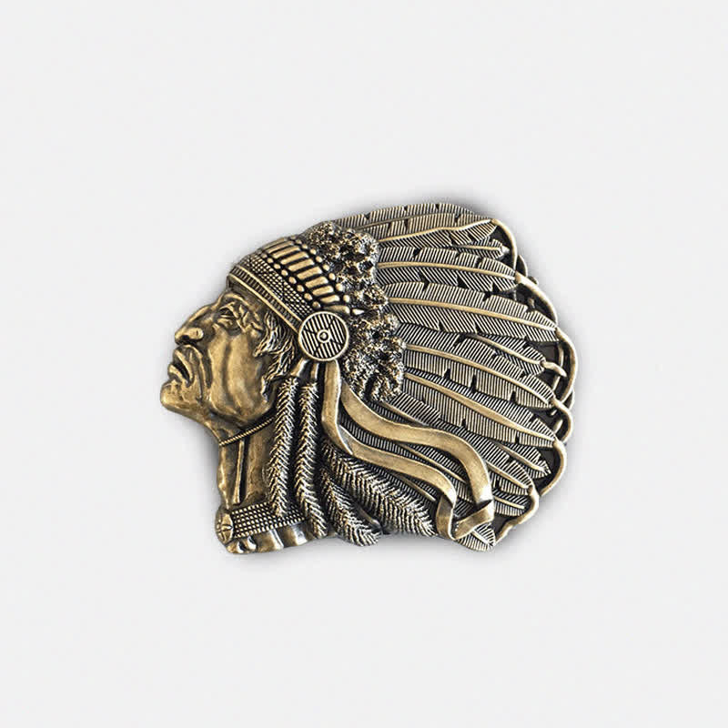 Cintura in pelle con fibbia a forma di testa di capo nativo fai da te da uomo - Bronzo antico - Senza cintura - image 11