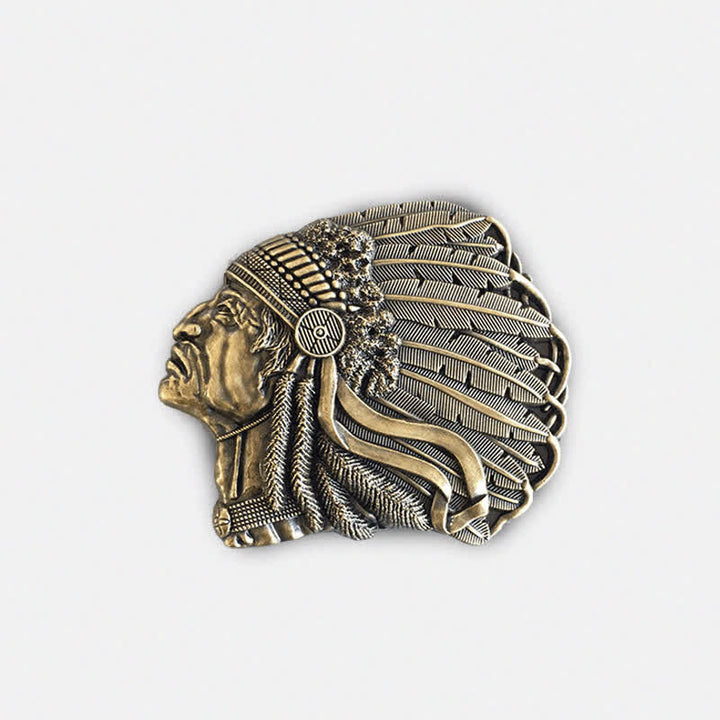 Cintura in pelle con fibbia a forma di testa di capo nativo fai da te da uomo - Bronzo antico - Senza cintura - image 11