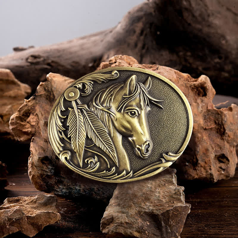 Cintura in pelle con fibbia in bronzo a forma di cavallo fai da te da uomo - Cavallo - Senza cintura - image 0