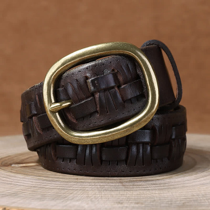 Cintura in pelle intrecciata con jeans retrò alla moda - Caffè - 44 - image 0