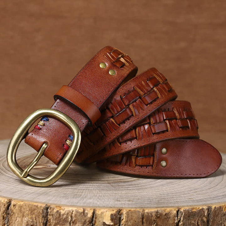 Cintura in pelle intrecciata con jeans retrò alla moda - Marrone-giallastro - 44 - image 13