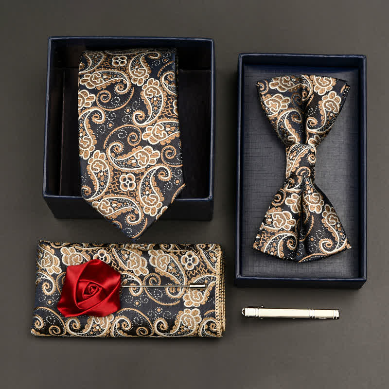 Set di 5 cravatte e papillon formali da uomo - Stile n. 3 (blu navy e beige) - image 3