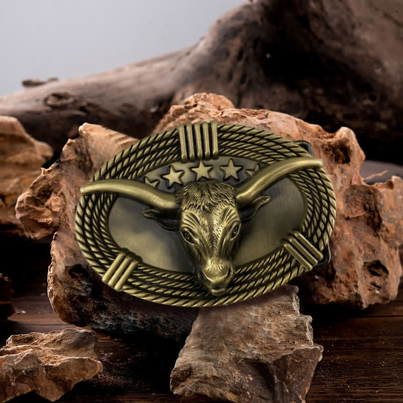 Cintura in pelle fai da te da uomo con fibbia a testa di toro a cinque stelle retrò - Bronzo antico - Senza cintura - image 0