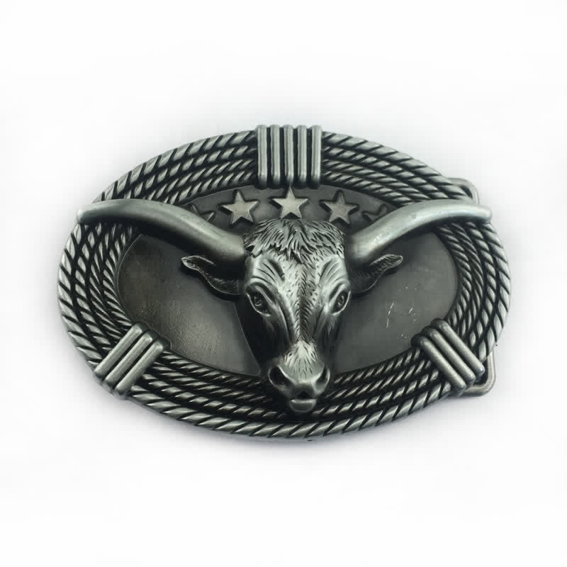 Cintura in pelle fai da te da uomo con fibbia a testa di toro a cinque stelle retrò - Argento antico - Senza cintura - image 11