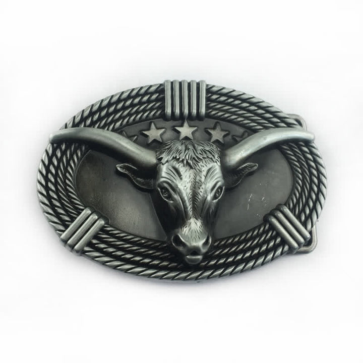 Cintura in pelle fai da te da uomo con fibbia a testa di toro a cinque stelle retrò - Argento antico - Senza cintura - image 11