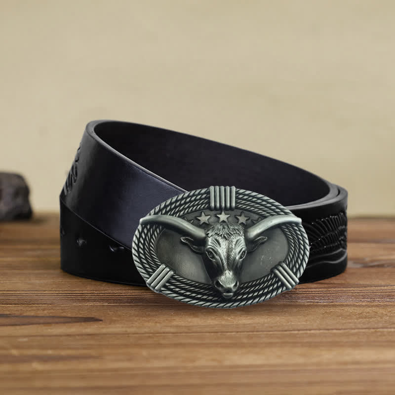 Cintura in pelle fai da te da uomo con fibbia a testa di toro a cinque stelle retrò - Argento antico - Cintura aquila in rilievo nera (40) - image 14