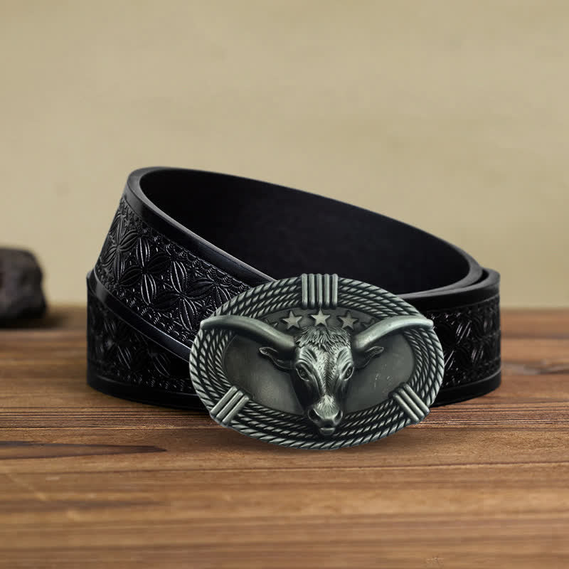 Cintura in pelle fai da te da uomo con fibbia a testa di toro a cinque stelle retrò - Argento antico - Cintura in tessuto goffrato nero (40) - image 15