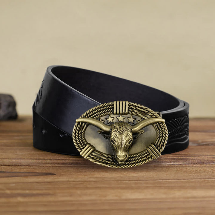 Cintura in pelle fai da te da uomo con fibbia a testa di toro a cinque stelle retrò - Bronzo antico - Cintura aquila in rilievo nera (40) - image 5