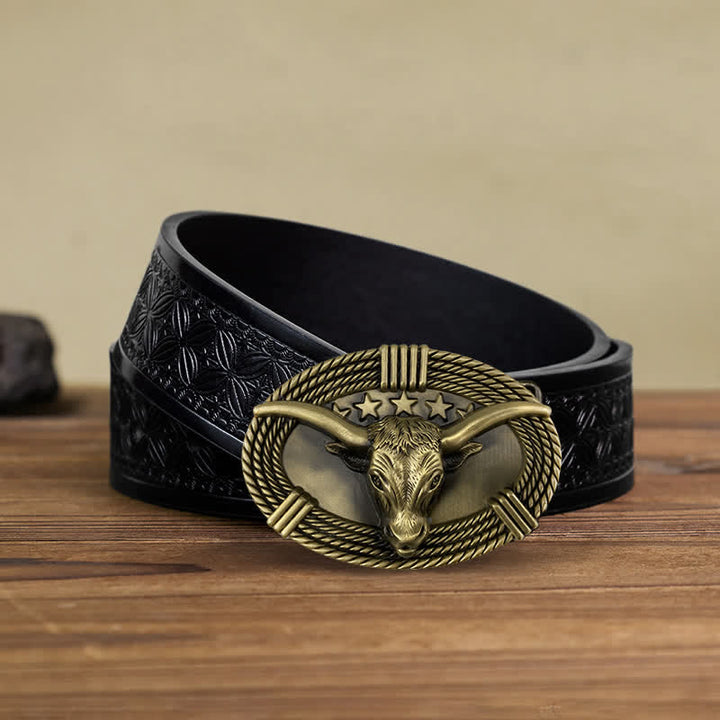 Cintura in pelle fai da te da uomo con fibbia a testa di toro a cinque stelle retrò - Bronzo antico - Cintura in tessuto goffrato nero (40) - image 6