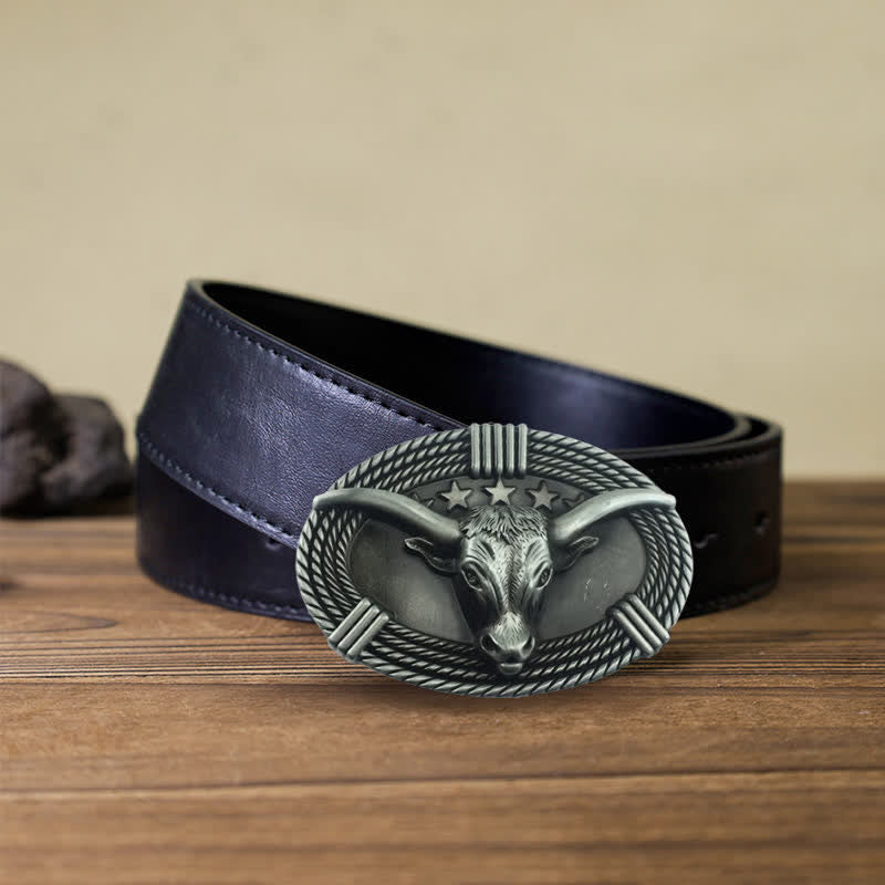 Cintura in pelle fai da te da uomo con fibbia a testa di toro a cinque stelle retrò - Argento antico - Cintura PU nera (40) - image 13
