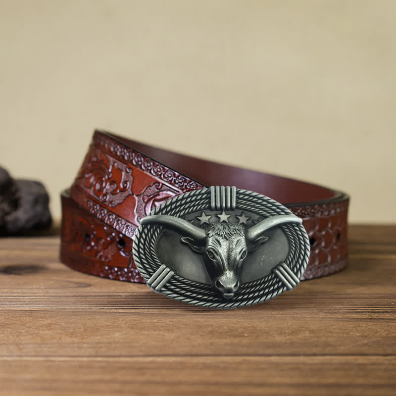 Cintura in pelle fai da te da uomo con fibbia a testa di toro a cinque stelle retrò - Argento antico - Cintura marrone intagliata (40) - image 17