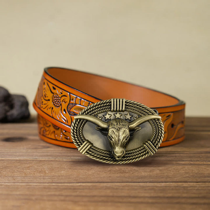 Cintura in pelle fai da te da uomo con fibbia a testa di toro a cinque stelle retrò - Bronzo antico - Cintura intagliata arancione (40) - image 10