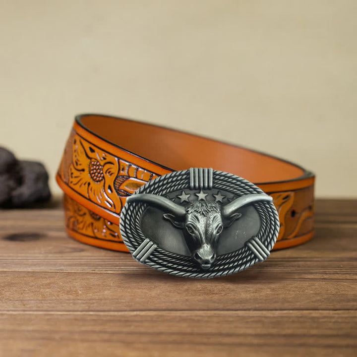 Cintura in pelle fai da te da uomo con fibbia a testa di toro a cinque stelle retrò - Argento antico - Cintura intagliata arancione (40) - image 19