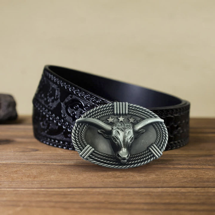 Cintura in pelle fai da te da uomo con fibbia a testa di toro a cinque stelle retrò - Argento antico - Cintura nera intagliata (40) - image 16