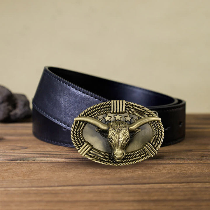 Cintura in pelle fai da te da uomo con fibbia a testa di toro a cinque stelle retrò - Bronzo antico - Cintura PU nera (40) - image 4
