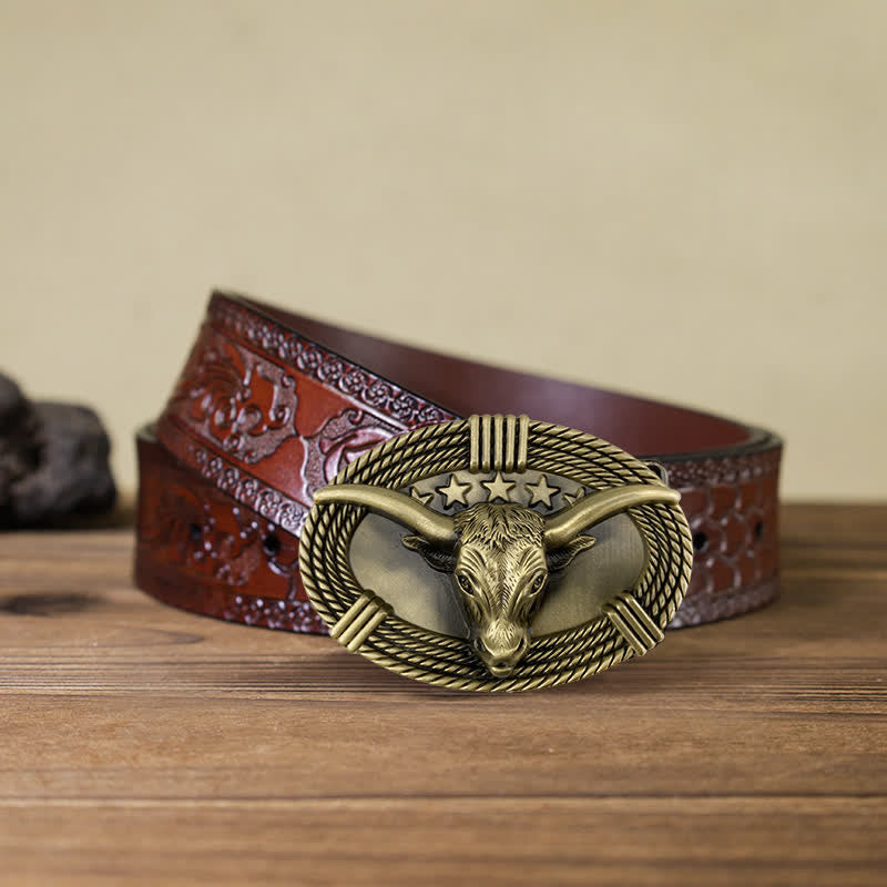 Cintura in pelle fai da te da uomo con fibbia a testa di toro a cinque stelle retrò - Bronzo antico - Cintura marrone intagliata (40) - image 8