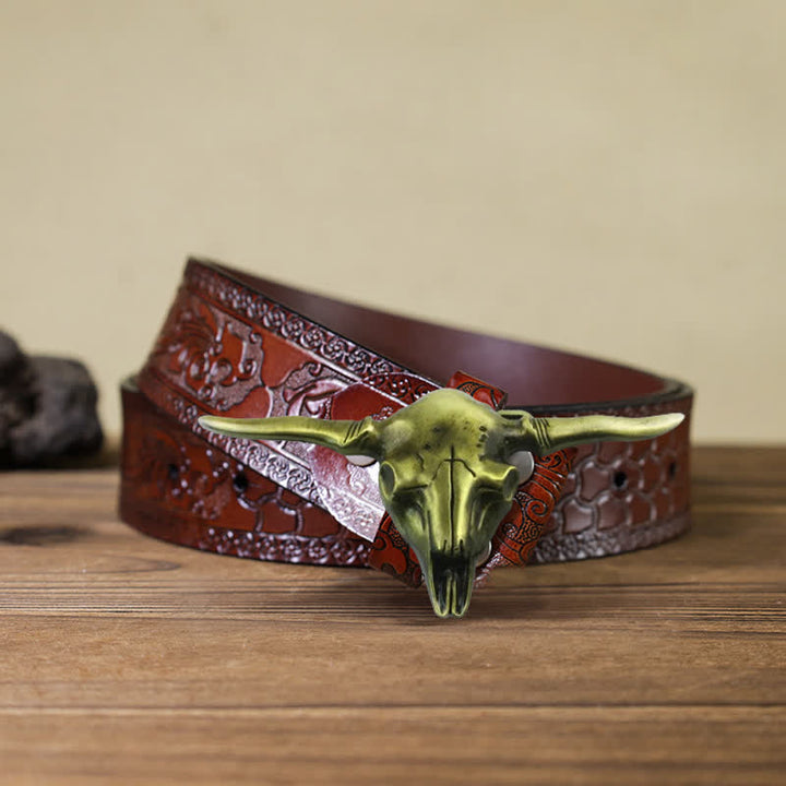 Cintura in pelle con fibbia a forma di toro Longhorn Western fai da te da uomo - Bronzo antico - Cintura marrone intagliata (40) - image 17