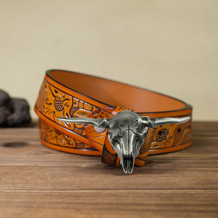 Cintura in pelle con fibbia a forma di toro Longhorn Western fai da te da uomo - Argento antico - Cintura intagliata arancione (40) - image 11