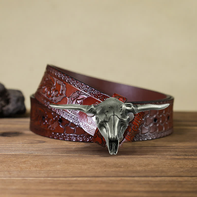 Cintura in pelle con fibbia a forma di toro Longhorn Western fai da te da uomo - Argento antico - Cintura marrone intagliata (40) - image 9