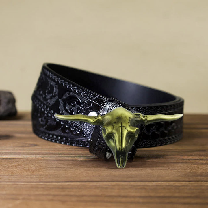 Cintura in pelle con fibbia a forma di toro Longhorn Western fai da te da uomo - Bronzo antico - Cintura nera intagliata (40) - image 16