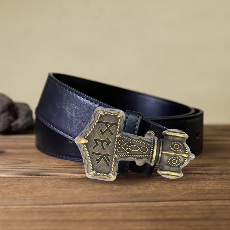 Cintura in pelle con fibbia a martello vichinga brutale fai da te da uomo - Bronzo antico - Cintura PU nera (40) - image 2