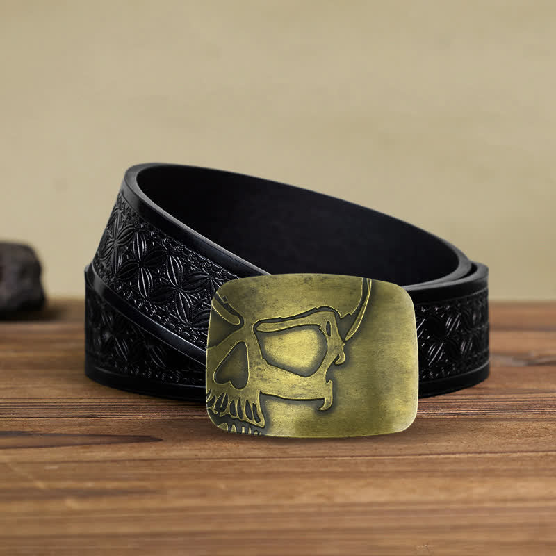 Cintura in pelle con fibbia a forma di teschio in bronzo goffrato fai da te da uomo - Cranio - Cintura in tessuto goffrato nero (40) - image 5