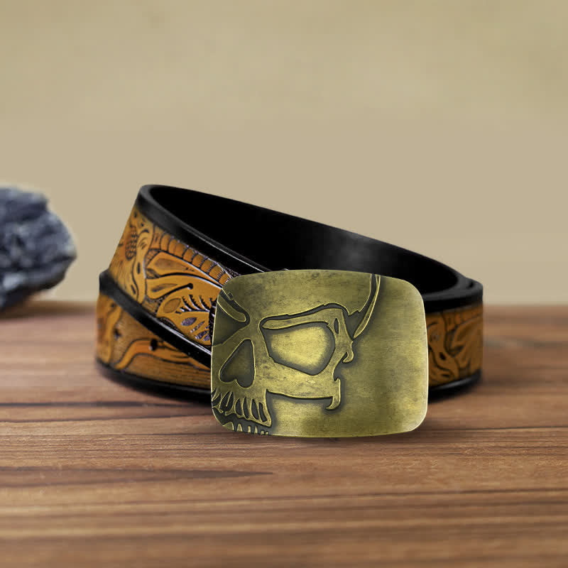Cintura in pelle con fibbia a forma di teschio in bronzo goffrato fai da te da uomo - Cranio - Cintura marrone sabbia (40) - image 8