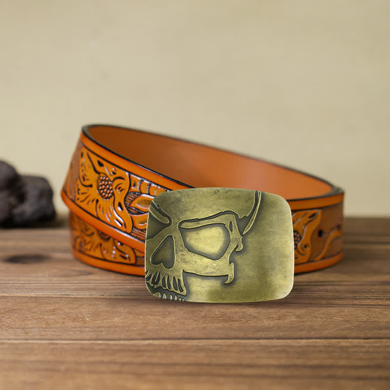 Cintura in pelle con fibbia a forma di teschio in bronzo goffrato fai da te da uomo - Cranio - Cintura intagliata arancione (40) - image 9
