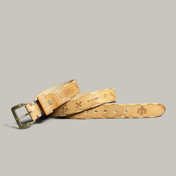 Cintura in pelle con motivo totem inciso al laser retrò casual - Cachi - 44 - image 0