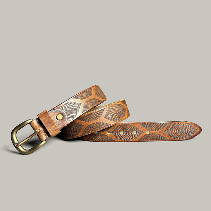 Cintura in pelle goffrata personalizzata con foglie di piante invecchiate - Marrone - 44 - image 0