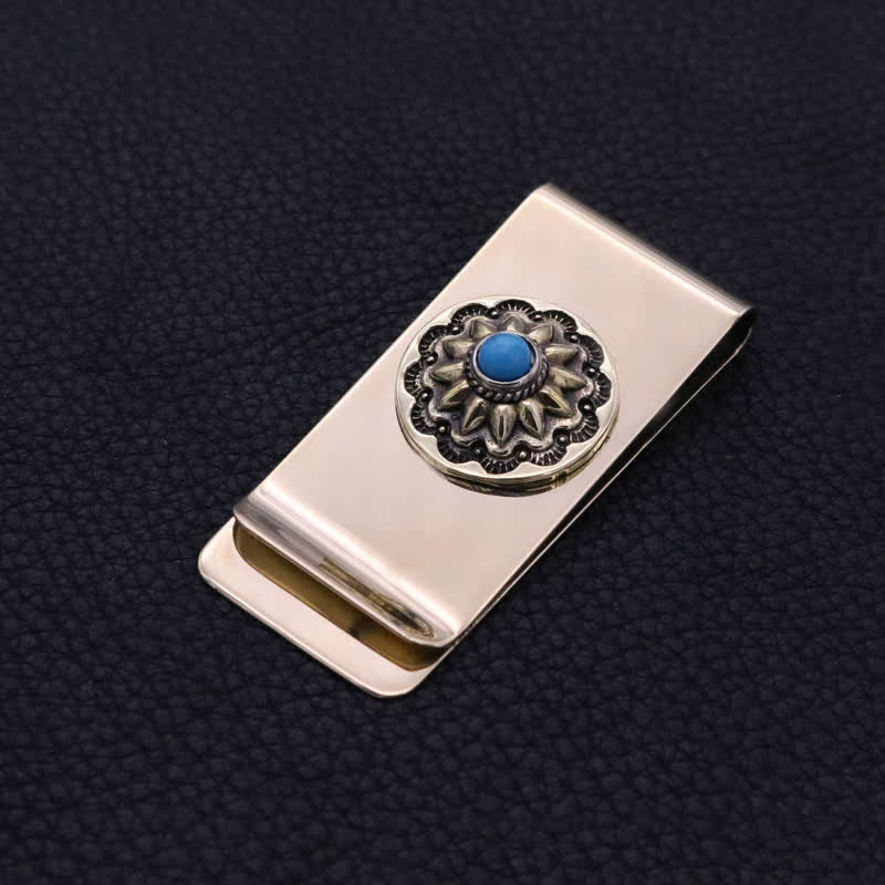 Fermasoldi in ottone massiccio con piccolo fiore in finto turchese - Turchese finto - image 0