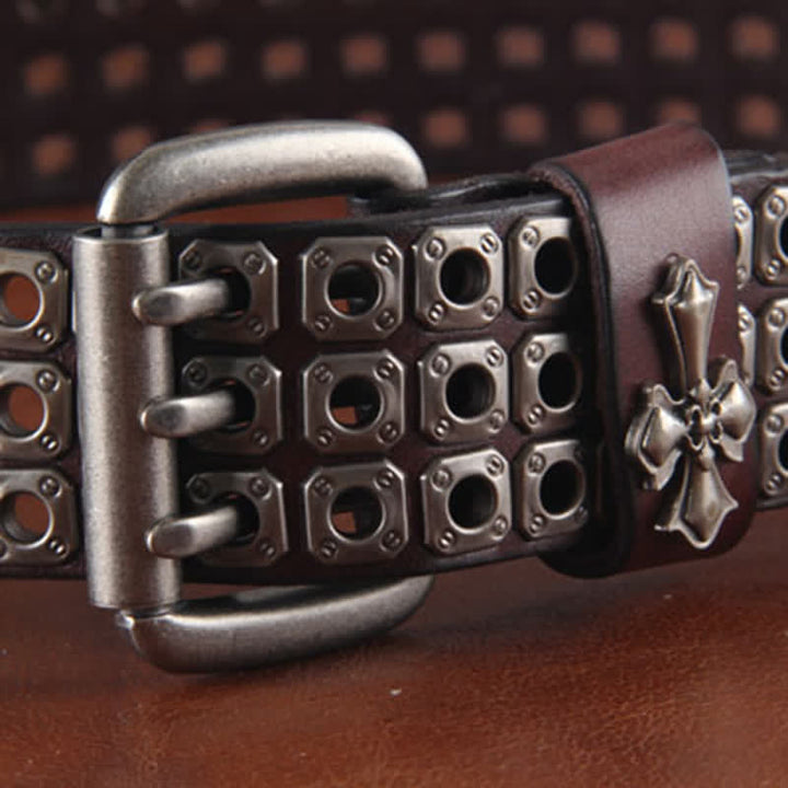 Cintura in pelle con borchie incrociate a tre file, elegante - image 1