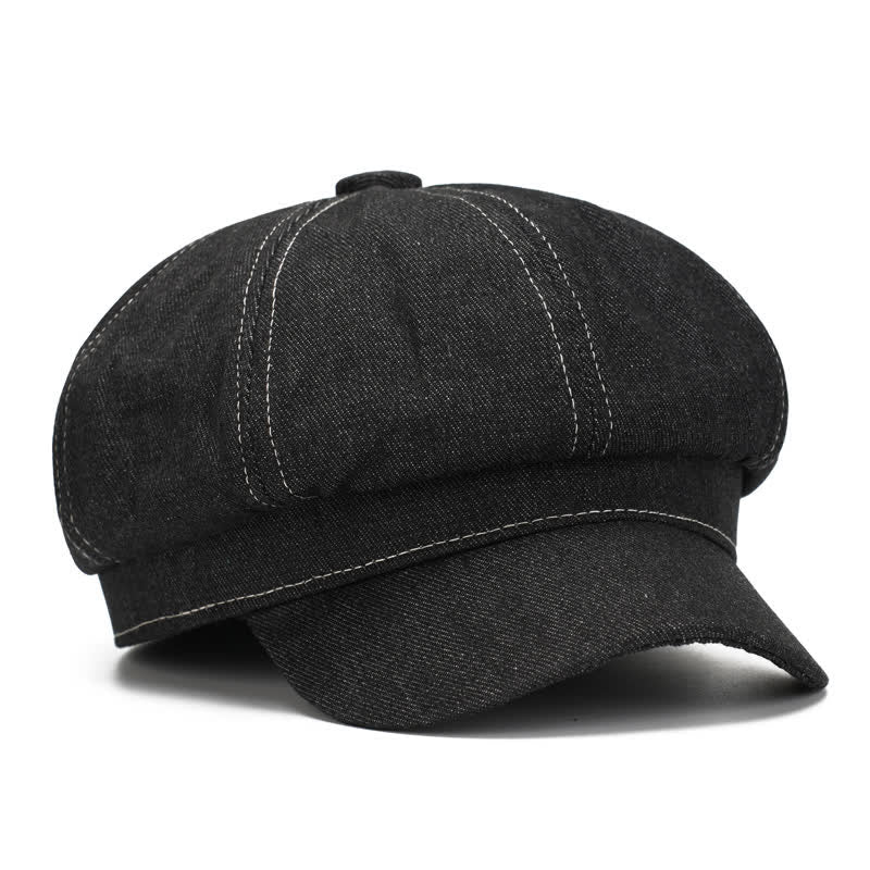 Cappello basco con visiera da giornalaio in denim con linea bianca - image 2