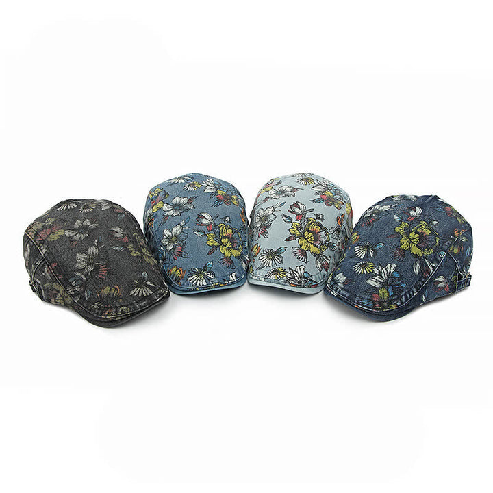 Cappello basco piatto in denim con stampa floreale alla moda - image 1