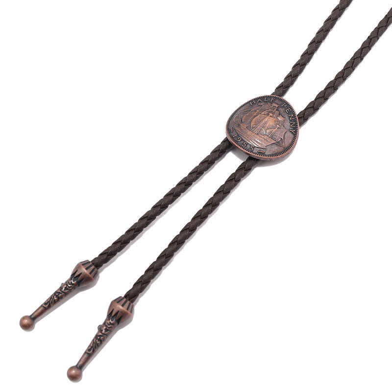 Cravatta Bolo in pelle con moneta antica e tre barche a vela - image 4
