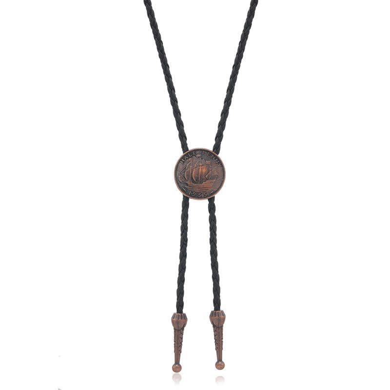 Cravatta Bolo in pelle con moneta antica e tre barche a vela - Nero - image 7