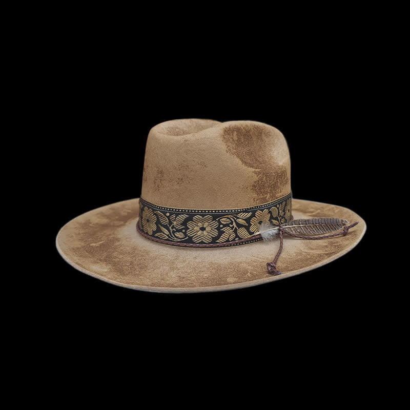Cappello da cowboy in lana con piume decorative e fiori jacquard - image 1